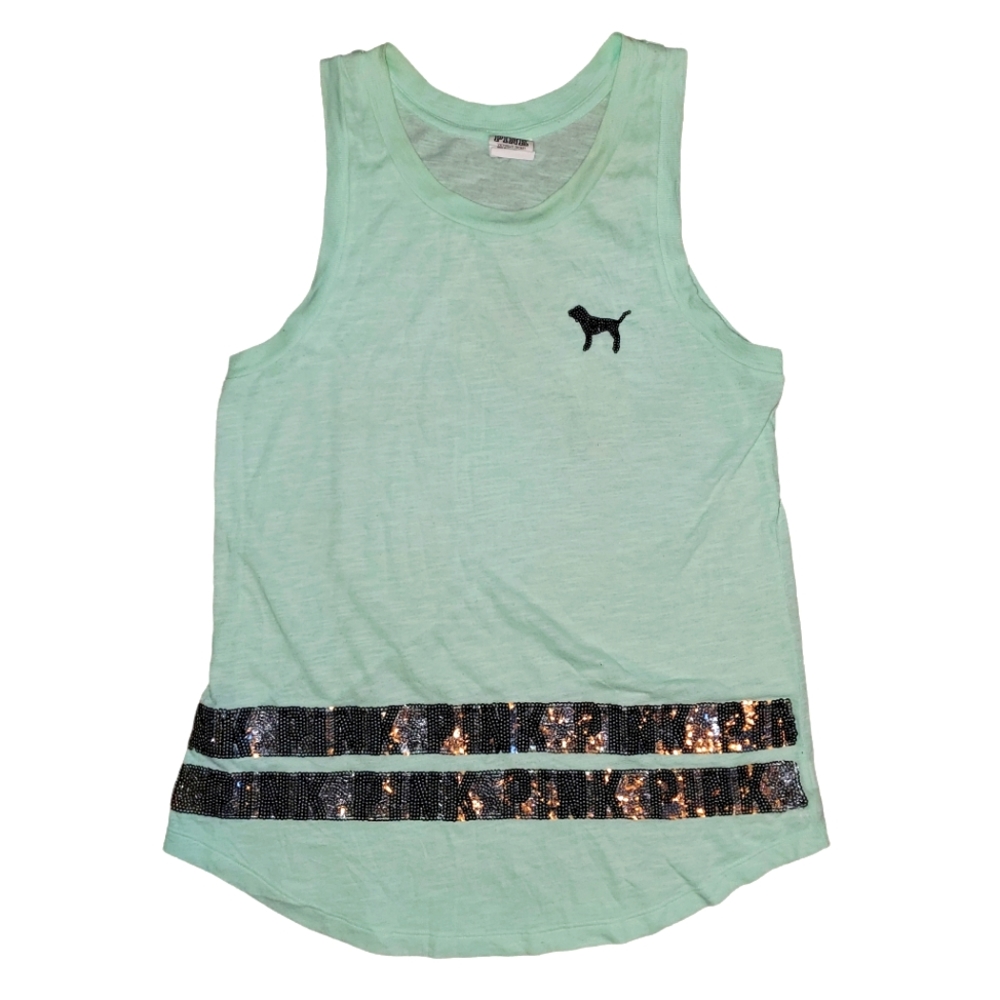 PINK Victorias Secret Sequin Tank Top Mint Green Y2K Bling Sleeveless Shirt XS